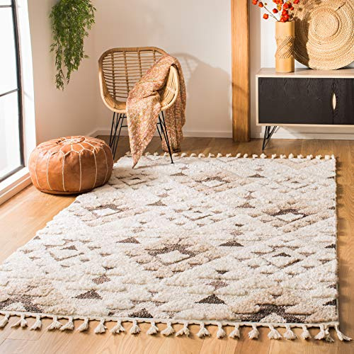SAFAVIEH Tapis Shag pour Salon, Salle à Manger, Chambre à Coucher - Moroccan Tassel Shag Collection, Tapis à Poil Court, Ivoire et Marron, 122 X 183 cm
