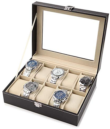 Caja de reloj con tapa, estuche para 10 relojes, caja de reloj Funda de cuero PU para reloj de hombre - negro, 25 * 20 * 8 cm