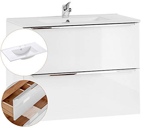 Lomadox Badezimmer Waschtisch-Unterschrank Set, Hochglanz weiß, 81cm Keramik-Waschbecken, 2 Softclose-Schubkästen, B/H/T ca, 81/58,5/46 cm