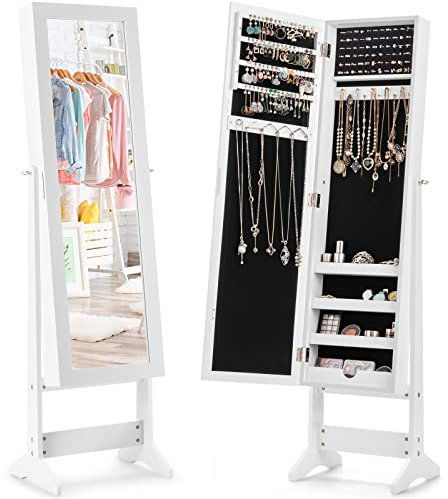 RELAX4LIFE Schmuckschrank drehbar, Schmuckregal mit kippbarem Ganzkörperspiegel, Schmuckaufbewahrung mit Tür & Ständer, Viel Stauraum für Ohrringe & Ringe & Halskette & Kosmetik & Armbänder (Weiß)