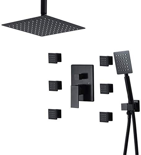Duscharmatur Unterputz Regendusche Set, Bad Duscharmaturen Regenfall Mit 6pcs Drehen Massage Jet Decke Installieren 10 Regenduschkopf Mit Handbrause Und 1,5m Duschschlauch Kit,Schwarz,Square