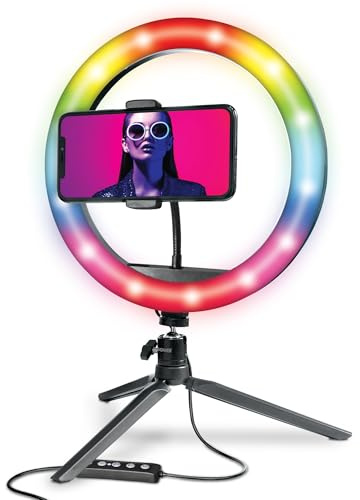 Bower 10 inch RGB Selfie Desktop Ring Light Stand Studio Kit - Ultra Wide Range, 9 Colors, 12 Brightness Levels, Special Effects, Tripod, Phone Clip/Holder
