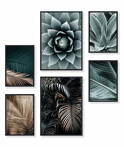 Heimlich® Premium Poster Set mit Bilderrahmen Aluminium Schwarz | 2 x DIN A3 & 4 x DIN A4 - ca. 30x42 & 21x30 | Stilvolle Poster Collagen mit passenden Bilder als Wanddeko » Agaven Palmen Gold «