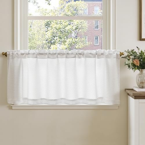 TOPICK Tende Passante tenda da bistrot Filtro della luce porta finestra balcone stile country roulotte corte rustiche soggiorno doccia tenda per interni 2 pezzi 150L x 45A cm, Bianco