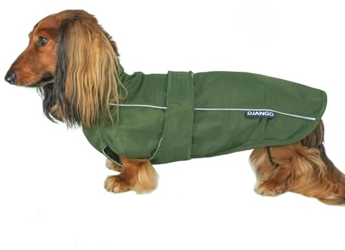 DJANGO Hundejacke und Regenmantel – leichter, wasserabweisender Mantel für kleine, mittelgroße und lange Hunde wie Dackel – reflektierend, verstellbare Passform, Geschirr-kompatibel und leicht