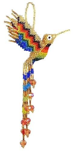 Spirit of Nature Handmade Beaded Hummingbird Ornament, Rear View Mirror Car Charm, Czech Glass Bird Hanging Decor, Crystal Suncatcher Ornament, Boho Home Decor Gift (Gold & Rainbow)
