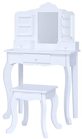 Fantasy Fields by Teamson Little Princess Anna Medium Kinder Schminktisch Schminkset mit Spiegel, Schubladen & Stuhl Hocker für Kinder Weiß TD-13366D | mit Spiegel, Hocker, Schublade