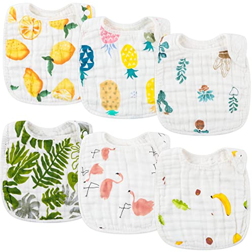WATINC 6Pcs Baby Saliva Bibs for Babies, Absorbent Soft Cotton Drool Feeding 6 Layer Cotton Adjustable Snaps Summer Elements Bibs for Baby Shower Birthday Gifts, 0-12 Months