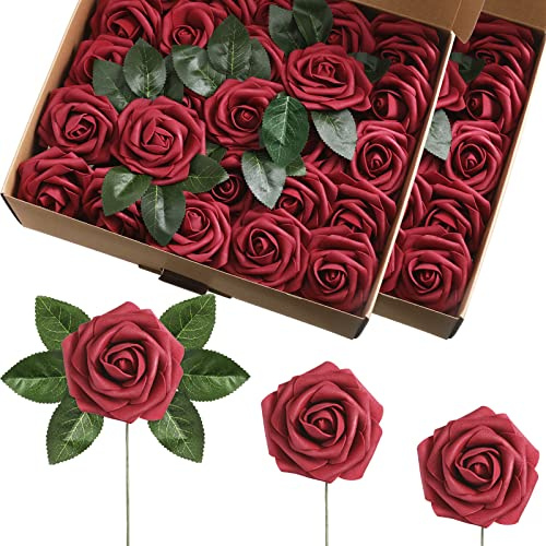Luinabio 100 Pieces Artificial Foam Rose Flowers Faux Bouquet with Leaves and Stems for DIY Wedding Bouquets Centerpieces Bridal Shower Party Valentine Home Decorations(Burgundy)