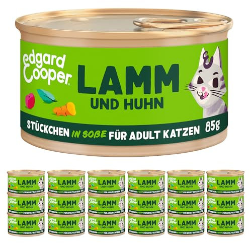 Edgard Cooper Nassfutter für Katzen, (Lamm und Huhn, 85g x 18), Katzenfutter nass in Sauce ohne Zucker und Getreidefrei, für sterilisierte und aktive Katzen