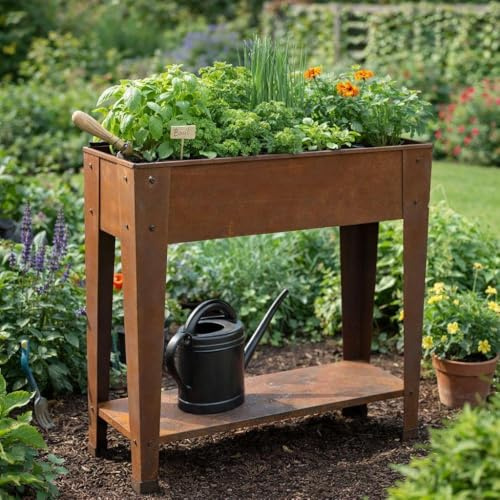 ESTEXO Hochbeet Pflanzbeet Pflanzkasten mit Ablage Blumenkasten Edelrost Rost Metall Gemüsebeet Blumenbeet