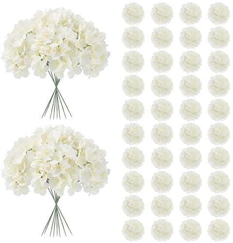 JPSOR 40pcs Artificial Hydrangea Silk Flower Heads with Stems, Fake Flowers for Mothers Day Wedding Centerpiece Home Garden Party Decoration (White)