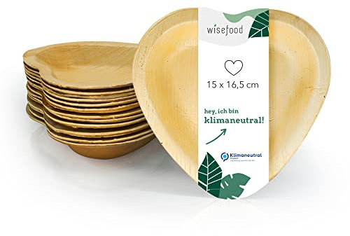wisefood Ciotola in foglia di palma, 25 pezzi, usa e getta, a forma di cuore, 15 x 16,5 cm, stoviglie biodegradabili in foglia di palma, stoviglie compostabili, stoviglie monouso