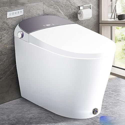 EPLO Siège chauffant pour toilettes intelligentes, décharge automatique hors siège, décharge par coup de pied, décharge de canette opaque, lavage tiède, toilette monobloc avec bidet intégré, lumière
