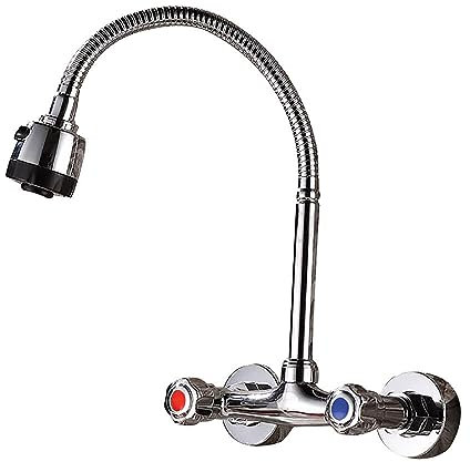 NaMaSyo Küchenarmatur Wandarmatur Zweigriff 360°Schwenkbarer Mischbatterie Wasserhahn Wandmontage schwenkbar flexible Geschirrbrause Spültischarmatur Küche Küchenarmatur Spültisch Waschbeckenarmatur