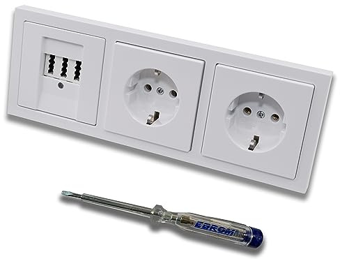 Busch Jäger Set: Unterputz Telefondose von EBROM, TAE 3x6 NFN für 1 Telefon und 2 Zusatzgeräte in Future Linear Studioweiß, Rahmen und 2x Steckdose 20EUC-84 + EBROM Phasenprüfer zur Montage d. Geräte
