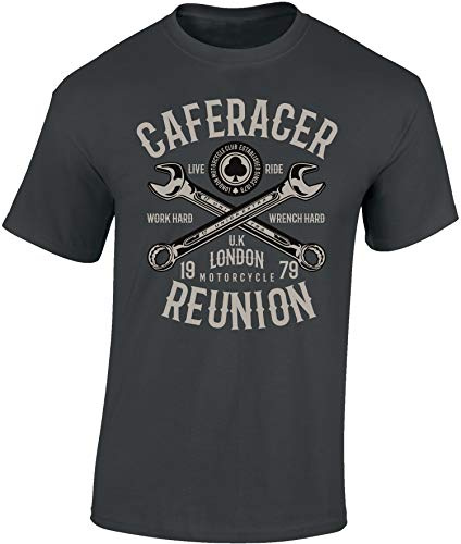 Baddery Biker T-Shirt Herren - „Cafe Racer Reunion“ - Motorrad Shirt - Geschenk für Motorradfahrer & Biker (Dark Grey 4XL)
