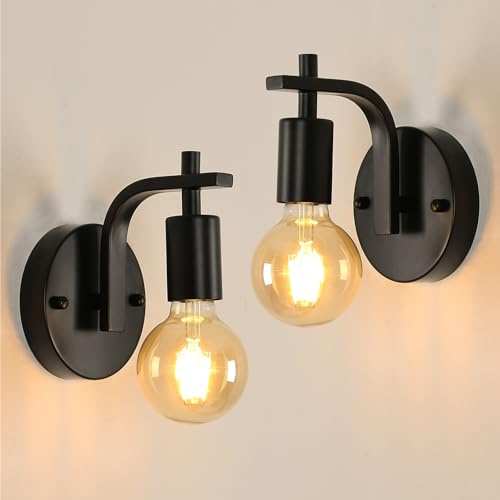 Pheashine Black Wall Lights 2 Pack Industrial Wall Lamps Vintage, E27 Metal Wall Sconce Lights Indoor for Bedroom, Living Room, Kitchen, Hallway, Restaurant, Bar (Bulb Not Included)