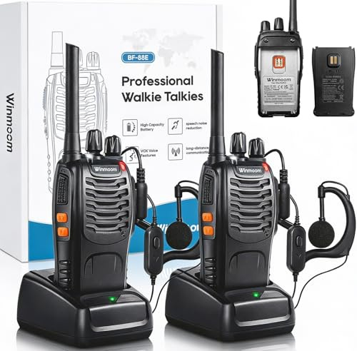 Winmoom Long Range Walkie Talkies,16-Channel USB Rechargeable Walkie Talkies for Adults & Kids, 2-Way Radio Kit with LED Light, Earpieces and Charger (2 Pack)