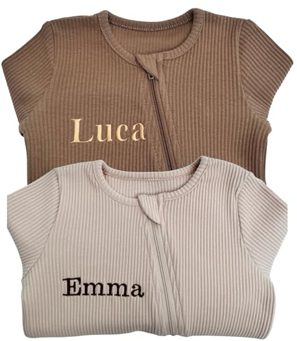 Personalised Zip Sleepsuit with Embroidered Name – Soft Newborn Baby Gift, Cotton All-in-One for Girls or Boys – Baby Essentials with Mittens or Feet 0–36 Months (Personalised Shortbread 6-12 Months)