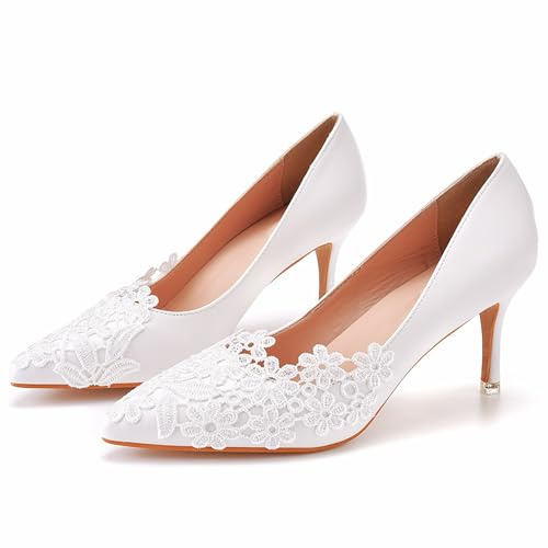 ABJGHYUT Scarpe da Sposa Bianche per Donna, Scarpe da Sposa con Tacco in Pizzo, Vintage, Chiuse, a Punta, Stiletto, Tacco Alto,Bianca,38