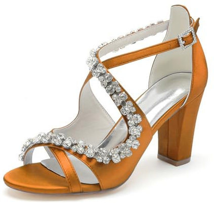 smlekwc Donna Punta Aperta Raso Sandali da Sposa Incrociato Cinturino alla Caviglia Vestito Décolleté con Strass Ballo per Feste Tacco Grosso Alto Scarpe per La Sposa,Arancia,38 EU