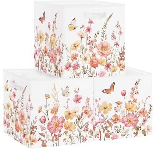 HUUMONSS 30cm Juego de 3 Cajas de Almacenamiento Flor Organizadoras de Almacenaje Juguetes Mariposa Jardín Plegables Cestas Almacenaje Niños Libro Ropa para Estantes Armario,Plantas Silvestres