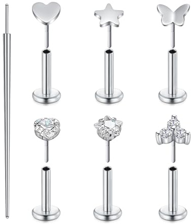 Longita 6 stycken helix piercingar öra kirurgiskt stål tragus labret piercing monroe medusa näspiercing kontakt med hjärta, fjäril och stjärna allergivänliga kroppssmycken med zirkonia 6/8 mm