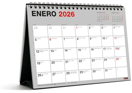 Miquelrius - Calendario 2026 da tavolo Basic, organizer annuale A5: 210 x 148,5 mm, con spazio per segnare, planner 12 mesi, rilegatura a spirale, spagnolo