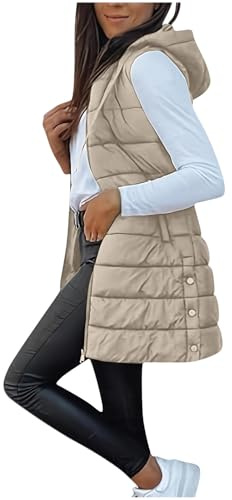 Women's Gilets Long Hooded Quilted Gilet Zip Up Sleeveless Lightweight Windproof Waistcoat Padded Winter Down Jacket Longline Body Warmer Thick Parka Tank Top Outwear Coat with Pockets
