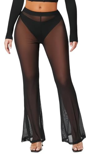 RuiChy Pantaloni a Gamba Larga in Maglia per Donna - Pantaloni Transparenti di Copertura per Spiaggia, Pantaloni Neri a Vita Alta Sheer Transparenti a Zampa per Festa M