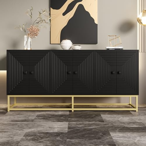 Merax Sideboard Schwarz,Moderner Aufbewahrungsschrank mit 3 Doppeltüren, Kratzfester Oberfläche & Metallfüßen – Kommode für Wohnzimmer, Esszimmer, Flur & Büro - 160x38x75,5cm
