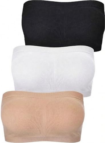 LYBHFCFC Women's Non-Slip Strapless Bandeau Bra, 3 Pack Padded Tube Top | Seamless padded bralette, removable soft pads, wire-free invisible comfort, moisture-wicking fabric for dresses, sleep, yoga