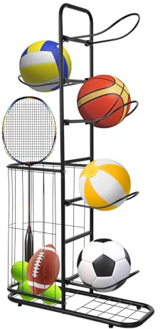 Soporte de globo de 5 niveles, soporte de almacenamiento para globos, armario de almacenamiento de metal para baloncesto, voleibol, estante deportivo independiente, blanco negro, sala de casa, garaje