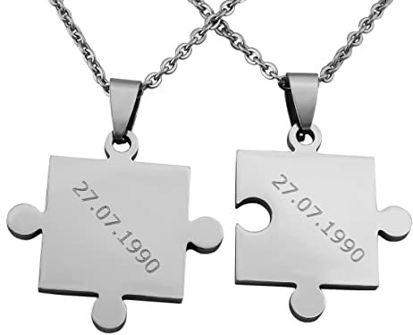 Hanessa 2 Stück Personalisierte Kette mit Gravur Edelstahl 50 cm mit Anhänger Puzzle Teil in silber - Personalisierte Geschenke für Damen Herren Freundin Freund - Partner Halskette für Sie und Ihn