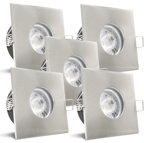 trendlights24 V2 Decken Einbaustrahler flach 35mm IP65 230V 5W LED 5er Set | Edelstahl Optik gebürstet, eckig, ultra flach 35mm, LED Spot, Neutralweiß, 4000k, austauschbar, Einbauleuchte, Bad, außen