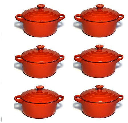 Hobby Tech Lot de 6 Mini Cocottes Rouges Céramique Double Poignées avec Couvercle 13,5cm x 8cm Contenance Moule 200ml Ramequin Résistant Haute Température Four pour Petits Plats