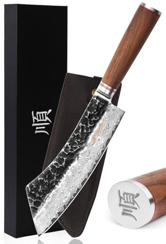 YOUSUNLONG Coltello da mannaia ibrido 22,86 cm Coltelli da carne - Acciaio Damasco Martellato Giapponese - Manico in legno di noce naturale con fodero in pelle