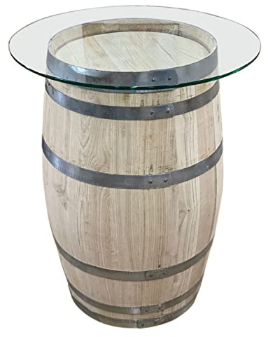 Temesso Holzfass, neues Fass aus Kastanienholz H 79cm als Bistrotisch - mit Glasplatte (Platte D: 60cm)