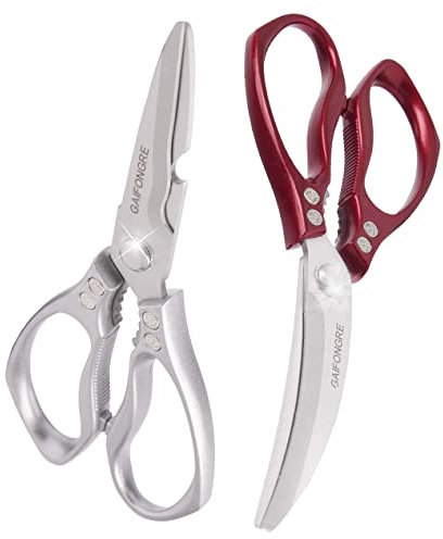 GAIFONGRE Kitchen Shears 2-pack,Stainless Steel blade,Heavy duty kitchen scissors for Chicken Fish Meat Vegetables Herbs,Outdoor BBQ Color SILVER&RED