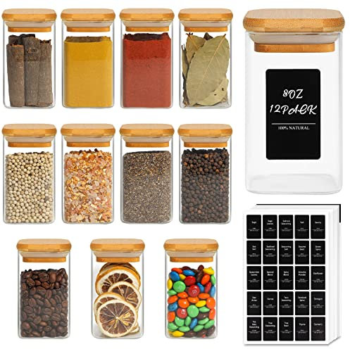 ComSaf Barattoli Spezie con Etichette 240 ml 12 Pezzi, Barattoli Spezie Quadrati con Coperchio in Legno Vetro, Contenitori Vetro con Coperchio, Contenitori Cucina, Spice Jars