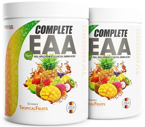 EAA Pulver 2x500g TROPICAL FRUITS - 12.500mg essentielle Aminosäuren, unglaublich lecker & erfrischend, COMPLETE EAA mit allen 9 EAAs inkl. Histidin. EAA vegan Aminosäuren Pulver - Amino Drink