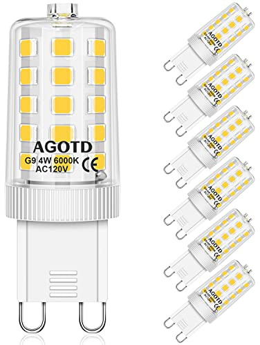 AGOTD 4W G9 LED Bulb, 6000k Daylight No Flicker LED Bulb, 400 Lumens, Non-Dimmable 360 Degree Angle, Replacement 40W G9 Equivalent Bulb, 6 Pack