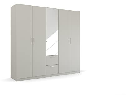 Rauch Möbel Pure by Quadra Spin Schrank Drehtürenschrank, Grau, 5-TRG. mit Spiegel, inkl. 3 Kleiderstangen, 3 Einlegeböden, 2 Schubkästen, BxHxT 226x210x54 cm