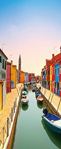A.Monamour Adesivo Porta Autoadesiva 3D Edifici Colorati E Barche Nel Canale Della Via Dell'Isola Di Burano A Venezia Vinile Adesivi per Porte Interne Pellicola Adesiva Poster Sticker Murale Parete