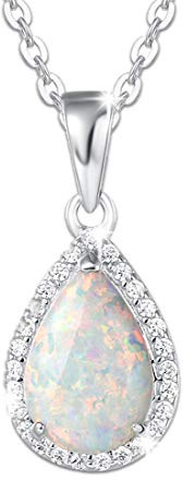 FANCIME Opal Anhänger Kette aus 925 Sterling Silber, CZ Zirkon Edelstein Halskette Schmuck Geschenk für Damen Frauen Mädchen - Kettenlänge: 40+5 cm