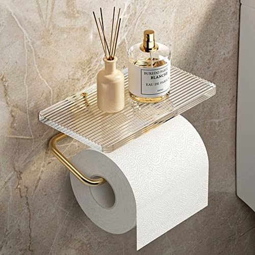Aluminum Alloy Toilet Paper Holder Acrylic Tray Bathroom Accessories Kitchen Wall Hanging Punch-Free Toilet Paper Roll Holder (Gold)