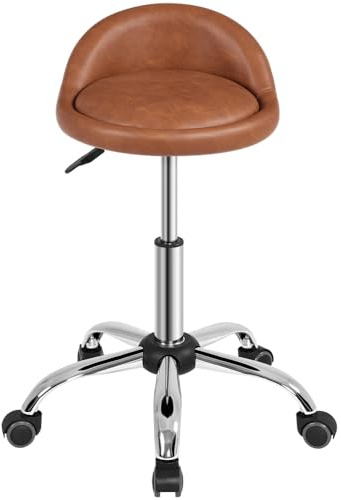 Yaheetech Taburete Redondo Giratorio PU para Oficina Silla Oficina con Ruedas Altura Ajustable Silla de Trabajo Marrón Retro