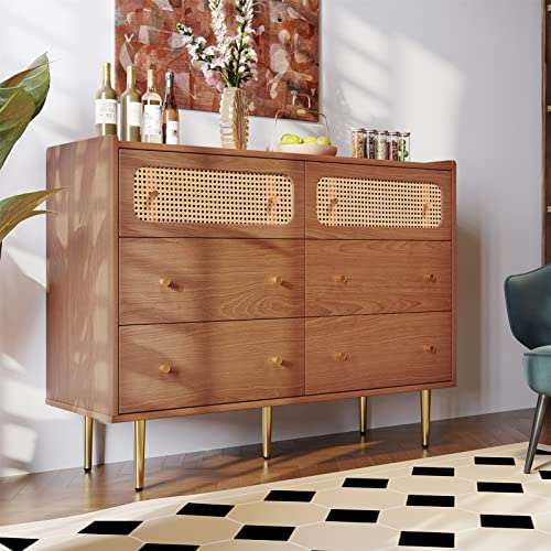 Sweiko Kommode mit 6 Schubladen, Rattan Sideboard mit goldenen Metallbeinen Schubladenkommode Holz Mehrzweckschrank für Flur Schlafzimmer Wohnzimmer Badezimmer Kinderzimmer als Sideboard Highboard