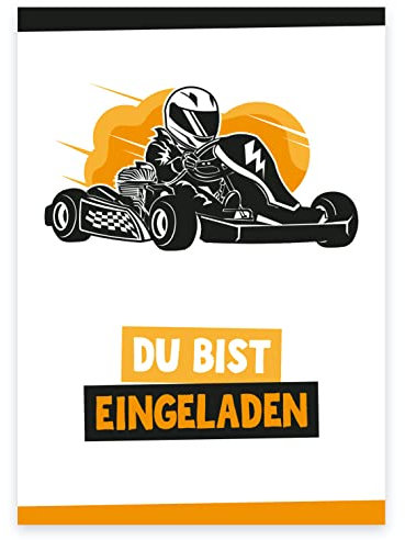 12 Einladungskarten zum Kindergeburtstag + 12 Umschläge, GoKart fahren Postkarte, 10,5x14,8cm, mit vorgedrucktem Text auf der Rückseite Einladung Karten Kinder Kids birthday Kart fahren